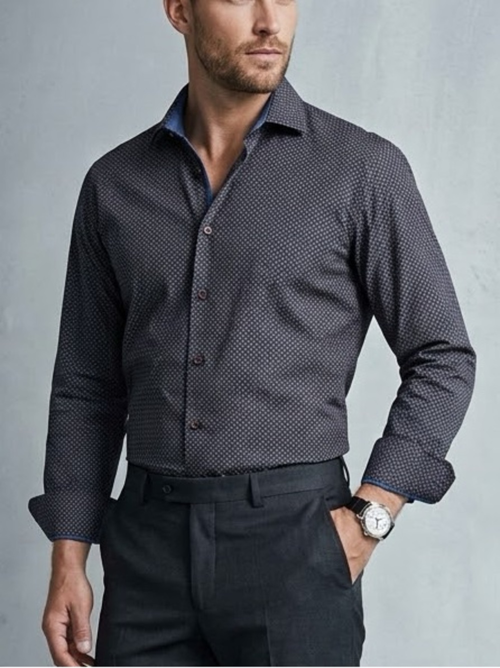 Visconti Black Mens Long Sleeve Geometric Textured Cotton Button Down Shirt L